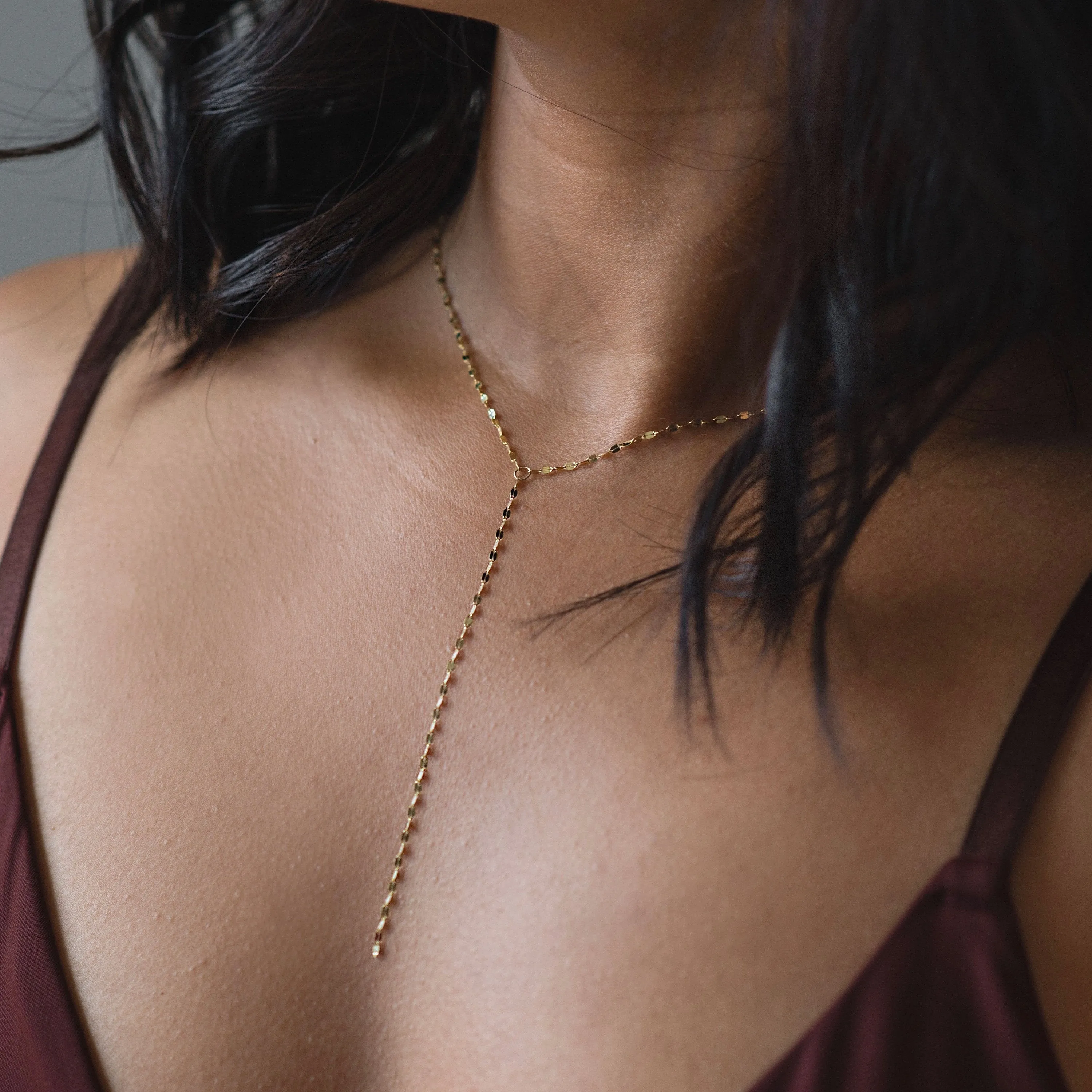 14k Gold Lariat Necklace - Sparkle Y Chain - Women's Gold Lariat Necklace