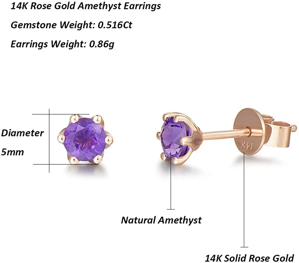 14K Rose Gold Diamond Cut Solitaire Tiny 0.5 Carat Genuine Amethyst Small Stud Earrings