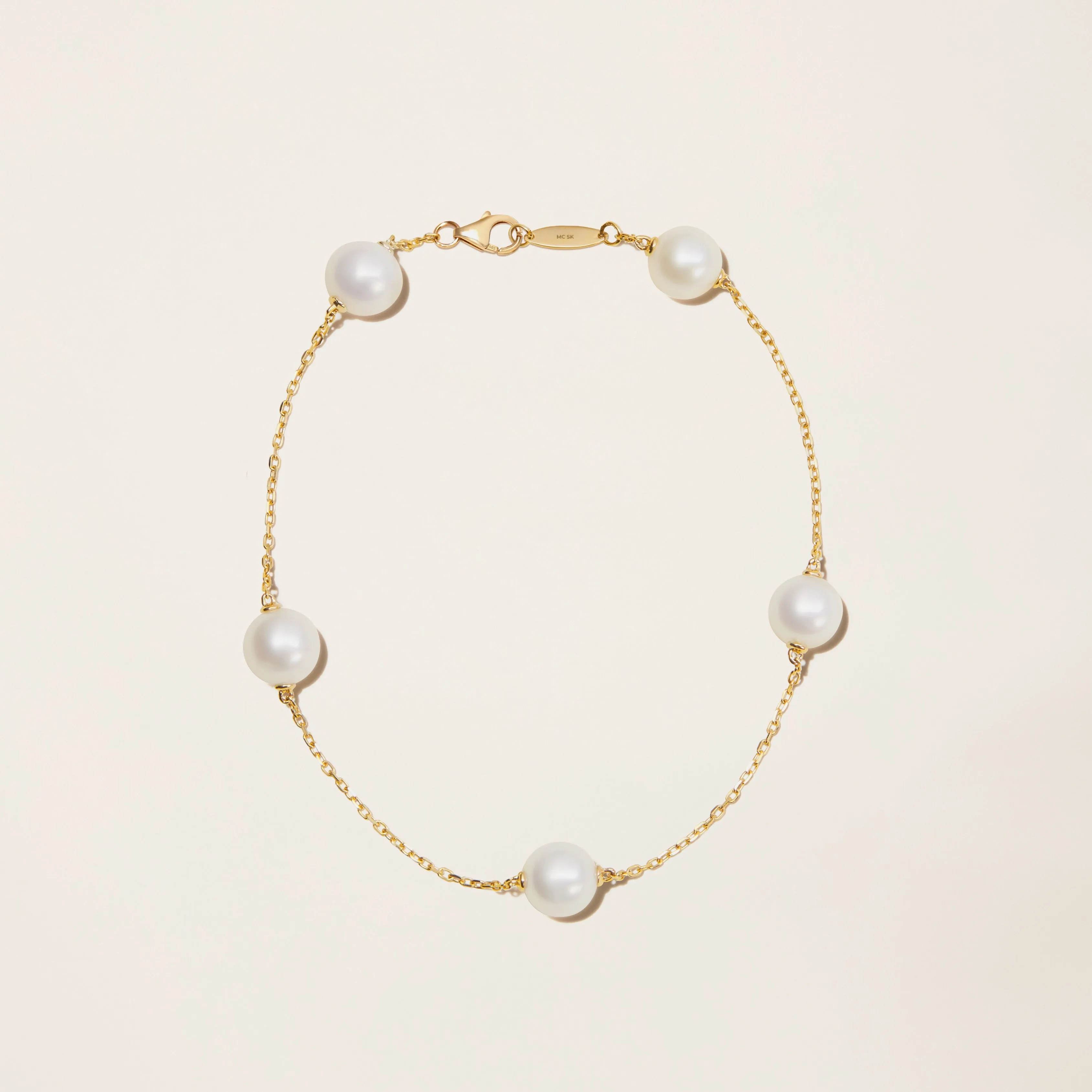 14k Solid Gold Cultured Pearl Station Bracelet