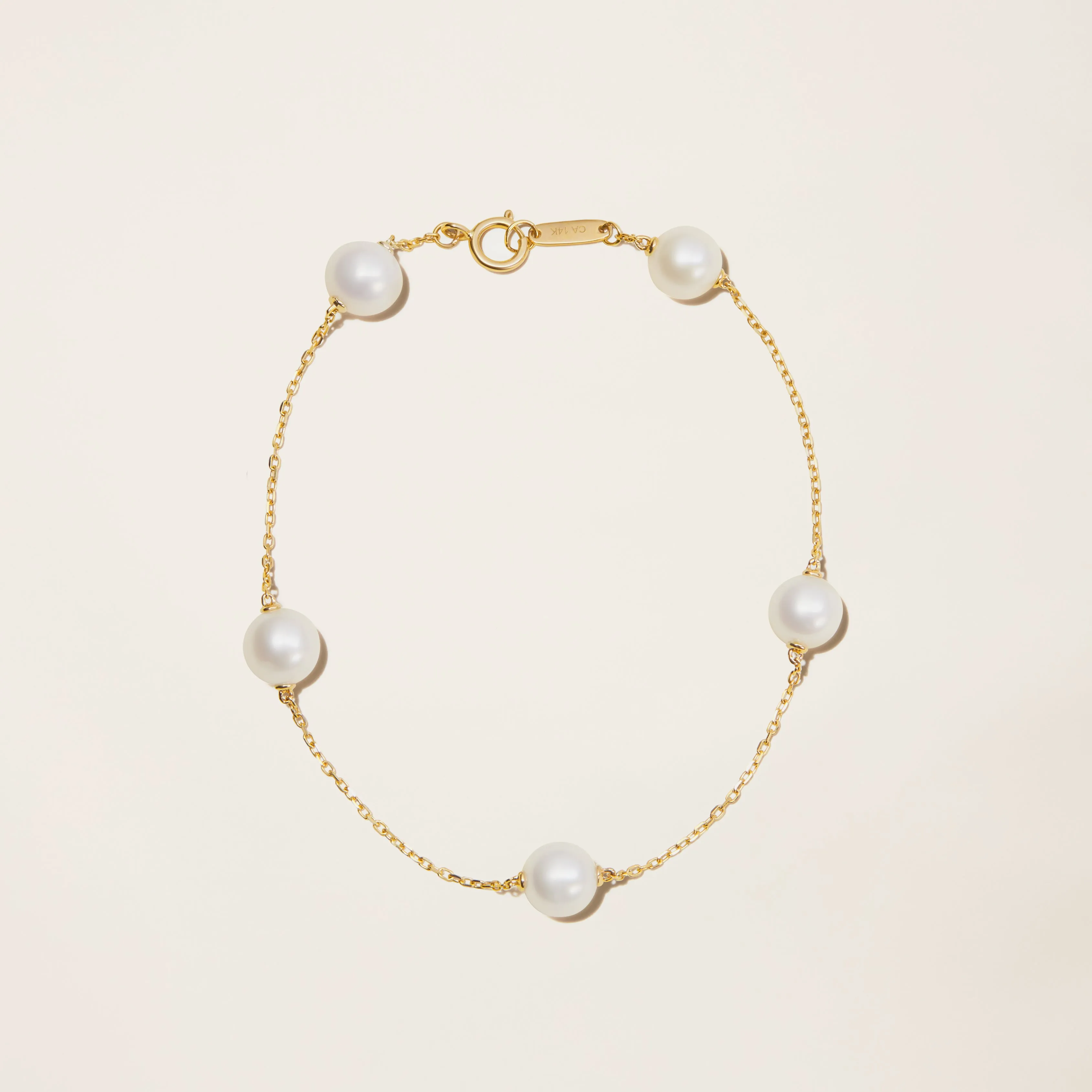 14k Solid Gold Cultured Pearl Station Bracelet