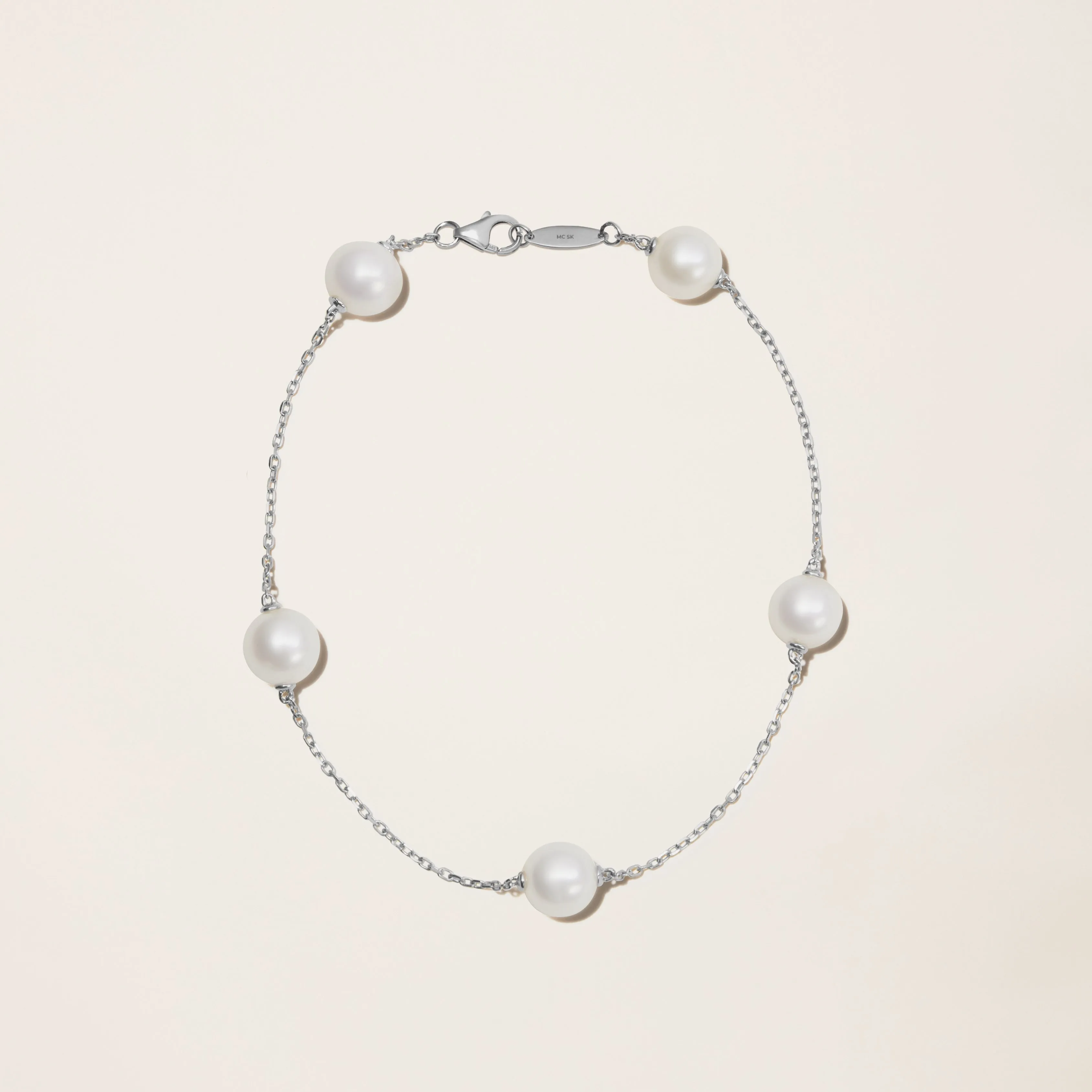 14k Solid Gold Cultured Pearl Station Bracelet