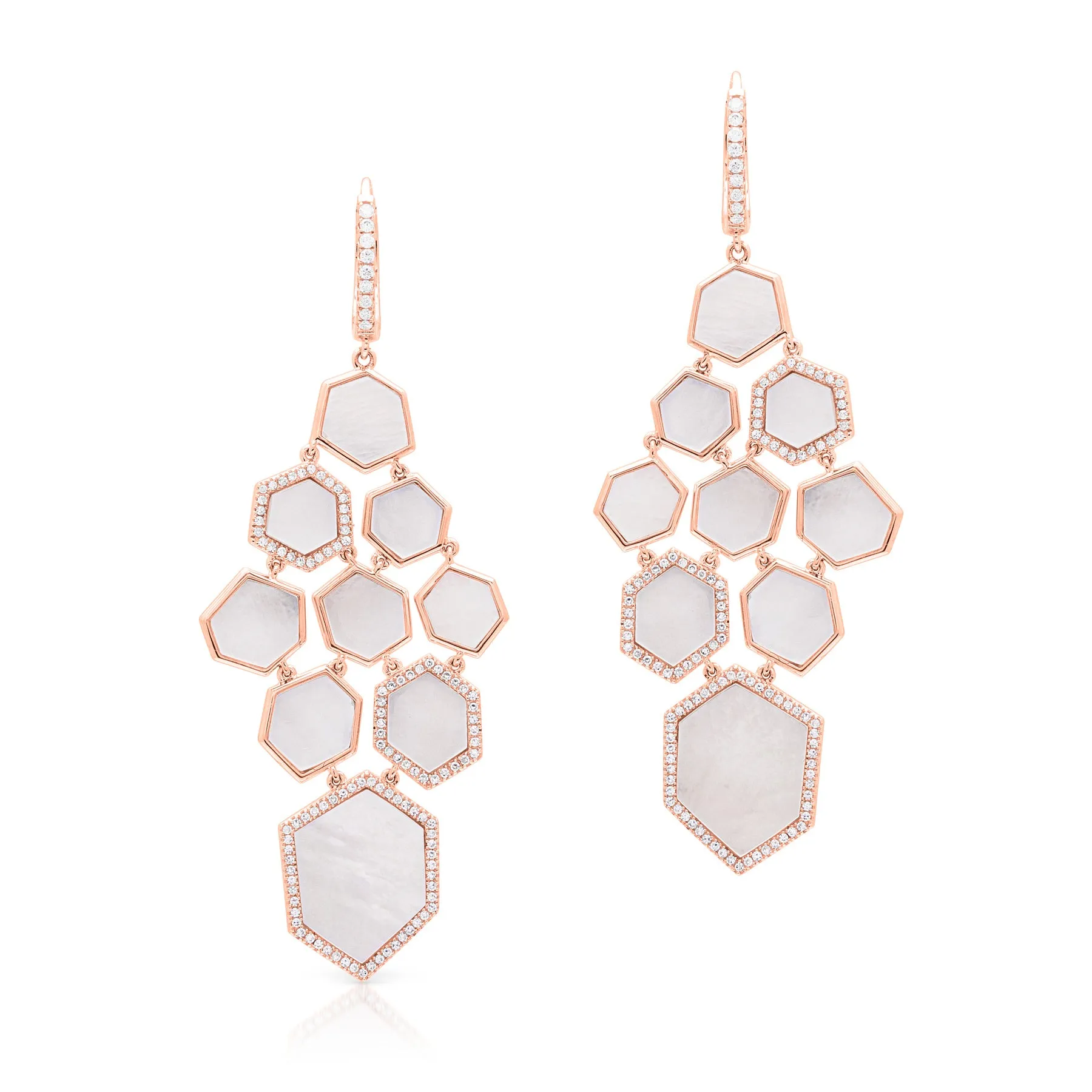 14KT Rose Gold White Mother of Pearl Diamond Chandelier Earrings