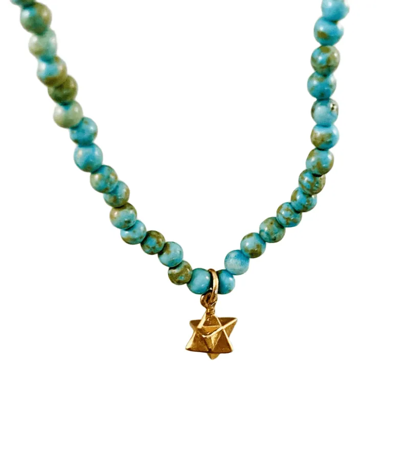 16” Turquoise bead and 14k Gold Merkabah Charm Necklace