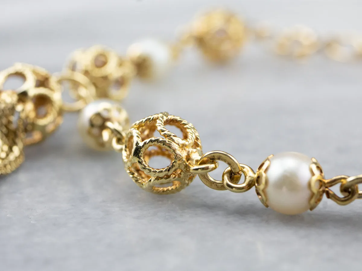 18K Gold Pearl Filigree Link Tassel Bracelet