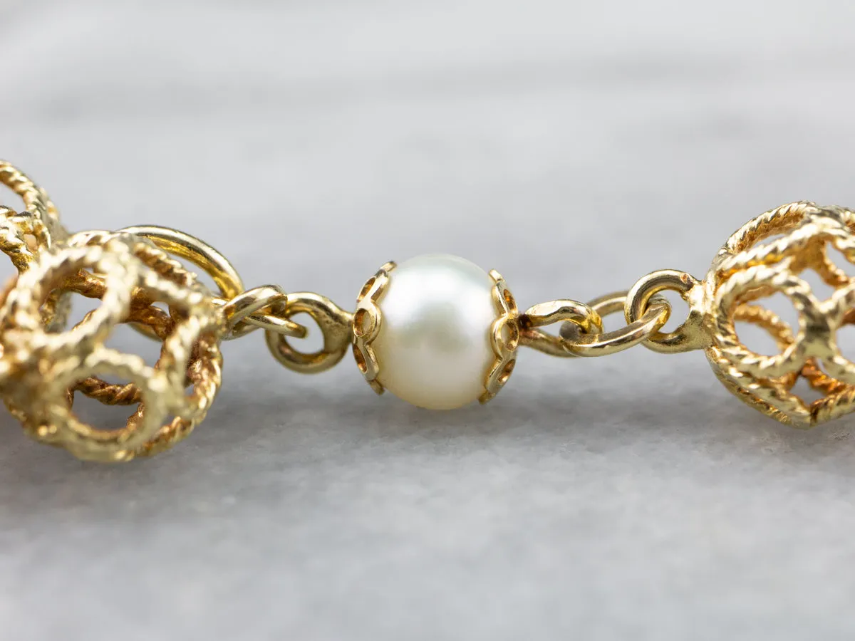 18K Gold Pearl Filigree Link Tassel Bracelet