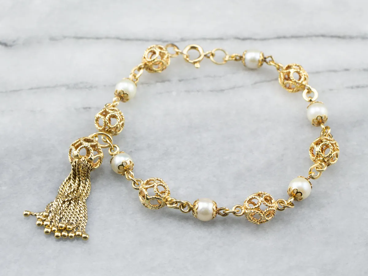 18K Gold Pearl Filigree Link Tassel Bracelet