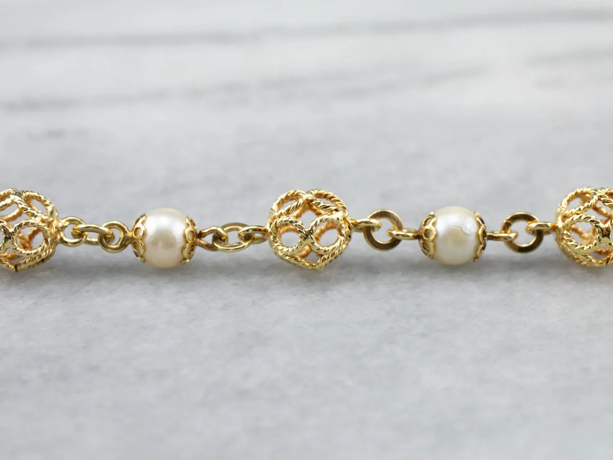 18K Gold Pearl Filigree Link Tassel Bracelet