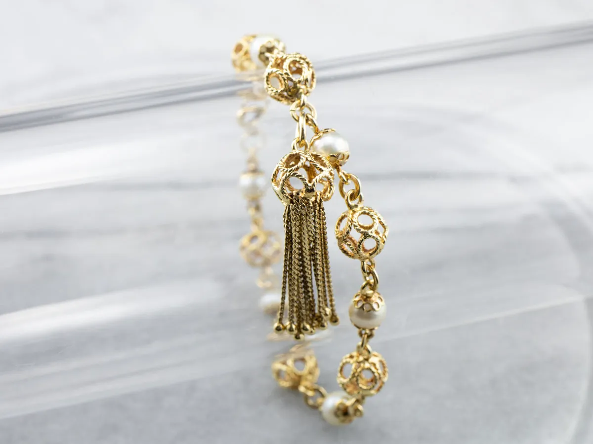 18K Gold Pearl Filigree Link Tassel Bracelet