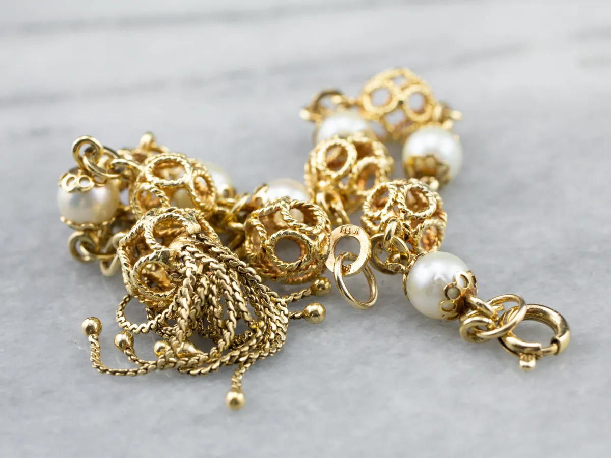 18K Gold Pearl Filigree Link Tassel Bracelet