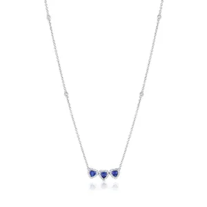 18k White Gold Blue Sapphire Diamond Triple Heart Pendant Necklace