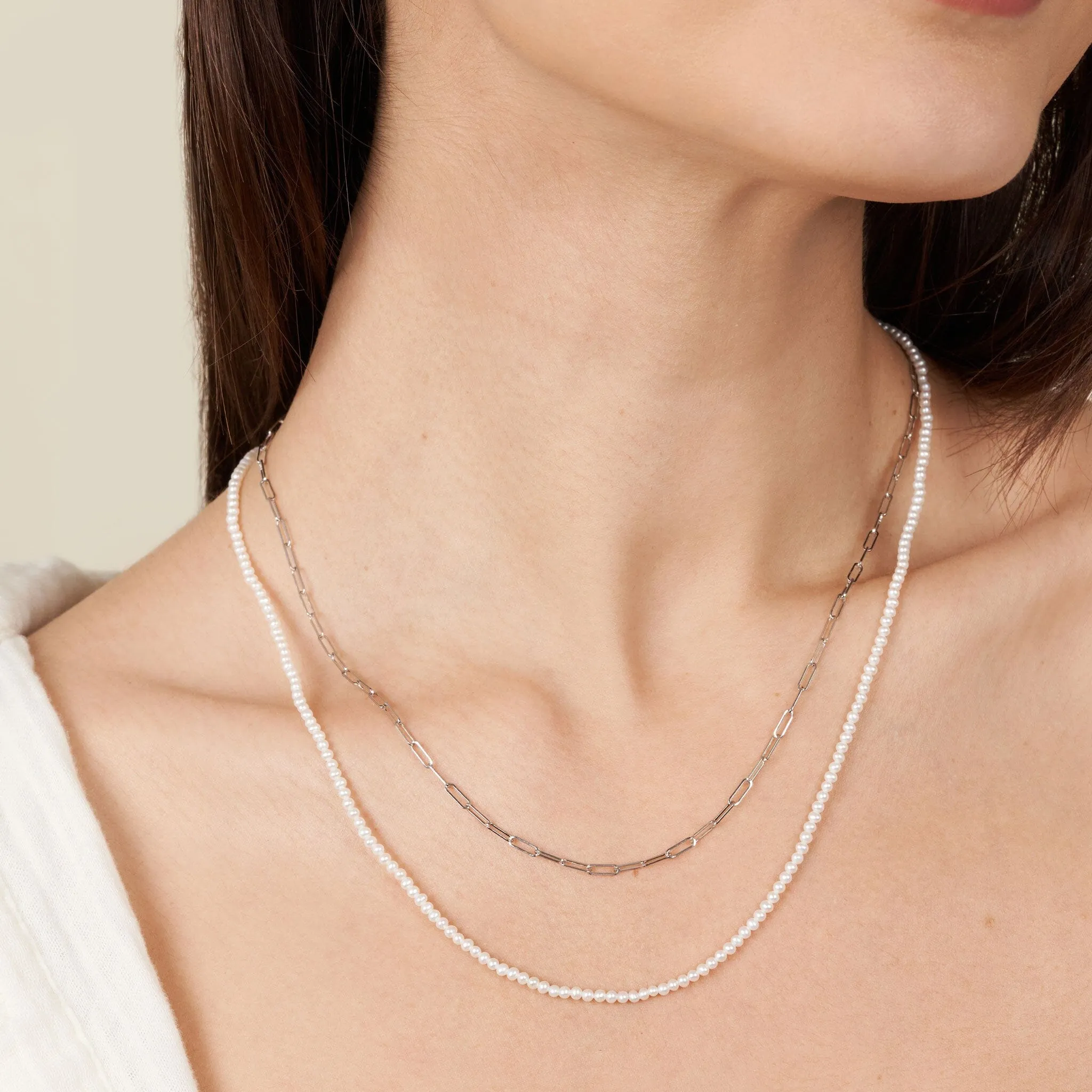 2.0-2.5 mm AA  Freshwater Pearl Necklace with Paperclip Chain Set