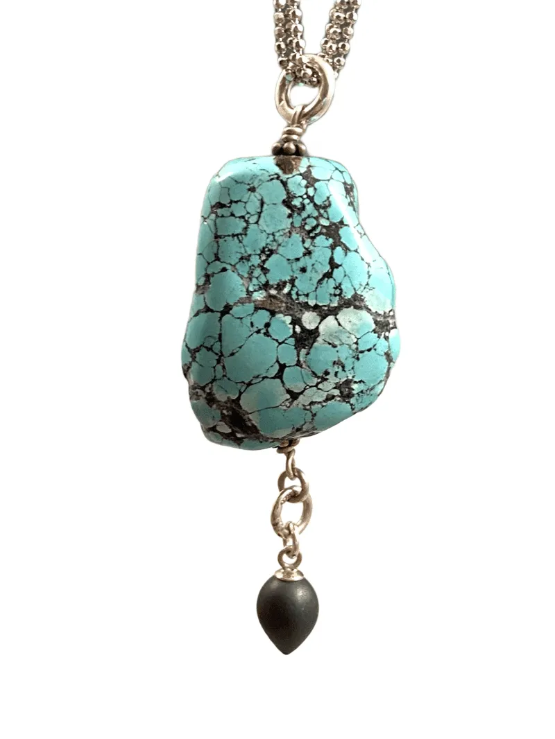 24" Sterling Silver Turquoise & Hematite Necklace