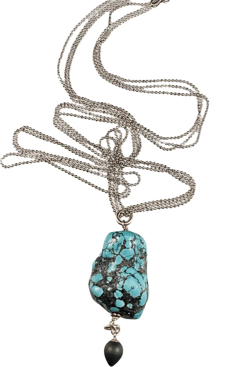 24" Sterling Silver Turquoise & Hematite Necklace