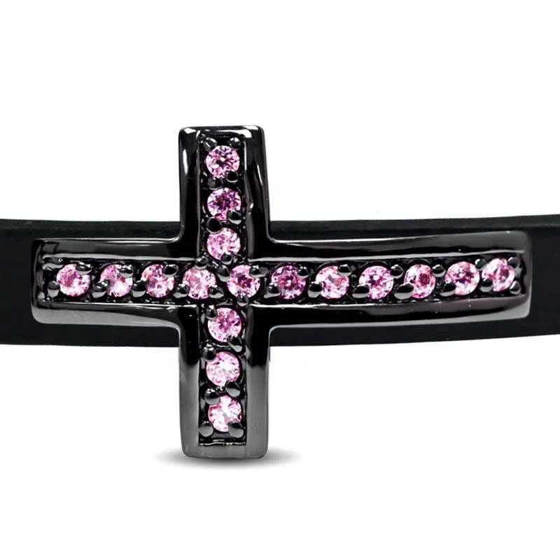 34 x 22mm Pave Cross Slider for Flat Leather - Black Ruthenium with Light Rose CZ's