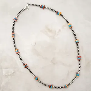 3mm Navajo Pearls Blue Turquoise & Spiny Oyster Chip Necklace Sterling Silver