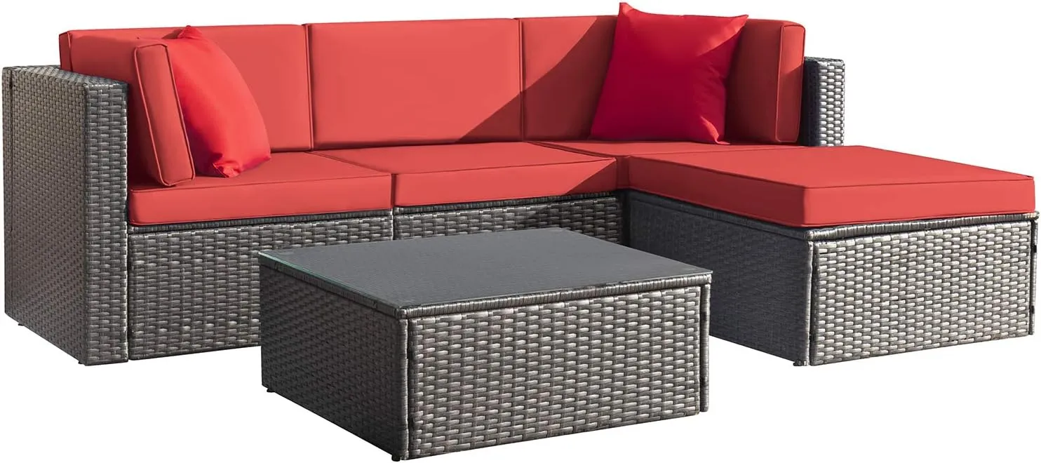 5 Pieces Patio Furniture Set, All Weather Outdoor Sectional Patio Sofa Manual Weaving Wicker Rattan Patio Seating Sofas with Cushion and Glass Table Beige