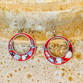 Alpaca Silver Signed Mexico Abalone Shell Red Retro Circle Pierced Drop Earrings