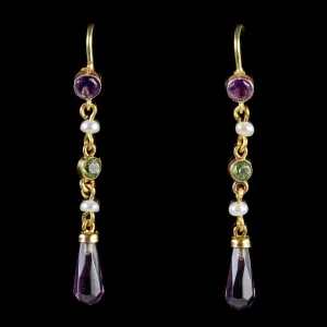 Antique Edwardian Suffragette Drop Earrings 18Ct Gold Circa 1910