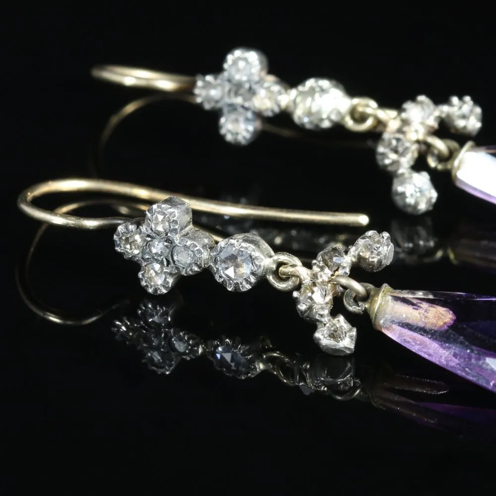 Antique Victorian Amethyst Diamond Earrings 18Ct Gold Circa 1880