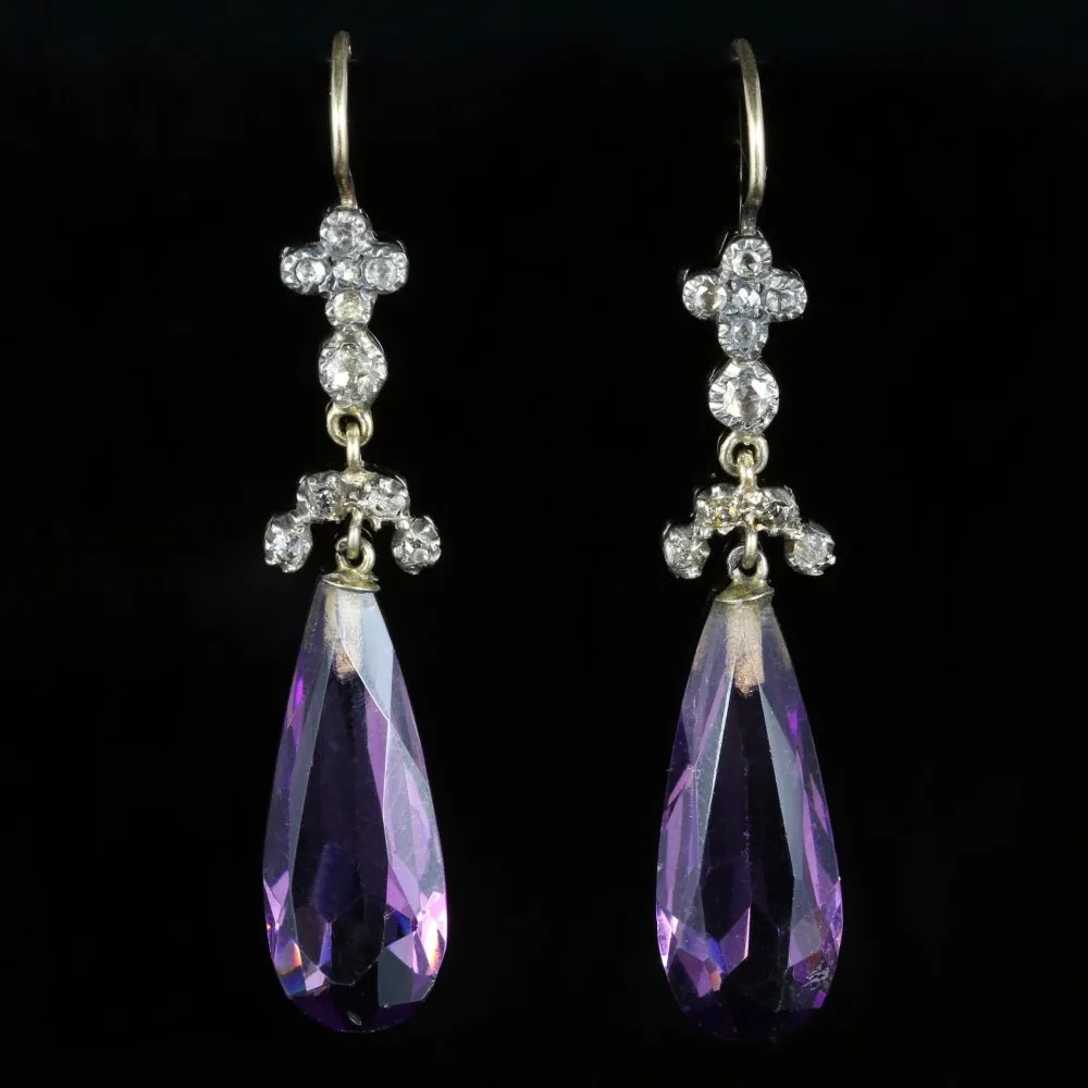 Antique Victorian Amethyst Diamond Earrings 18Ct Gold Circa 1880