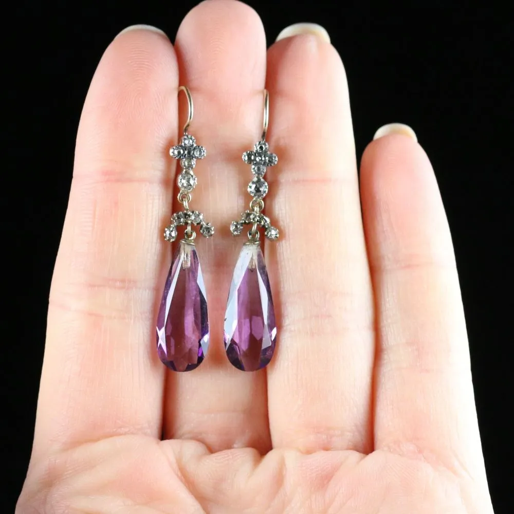 Antique Victorian Amethyst Diamond Earrings 18Ct Gold Circa 1880