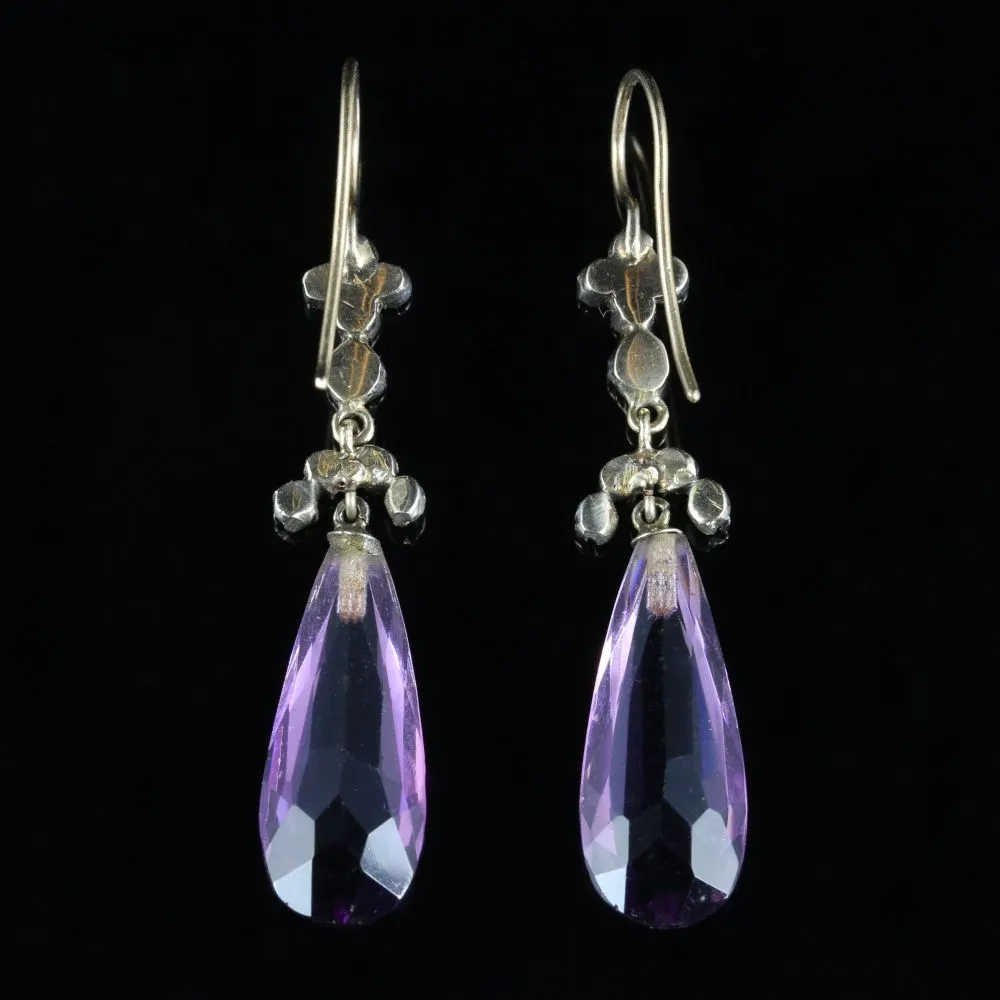 Antique Victorian Amethyst Diamond Earrings 18Ct Gold Circa 1880