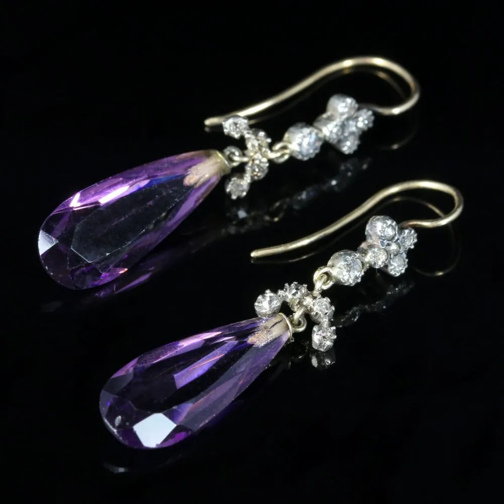 Antique Victorian Amethyst Diamond Earrings 18Ct Gold Circa 1880