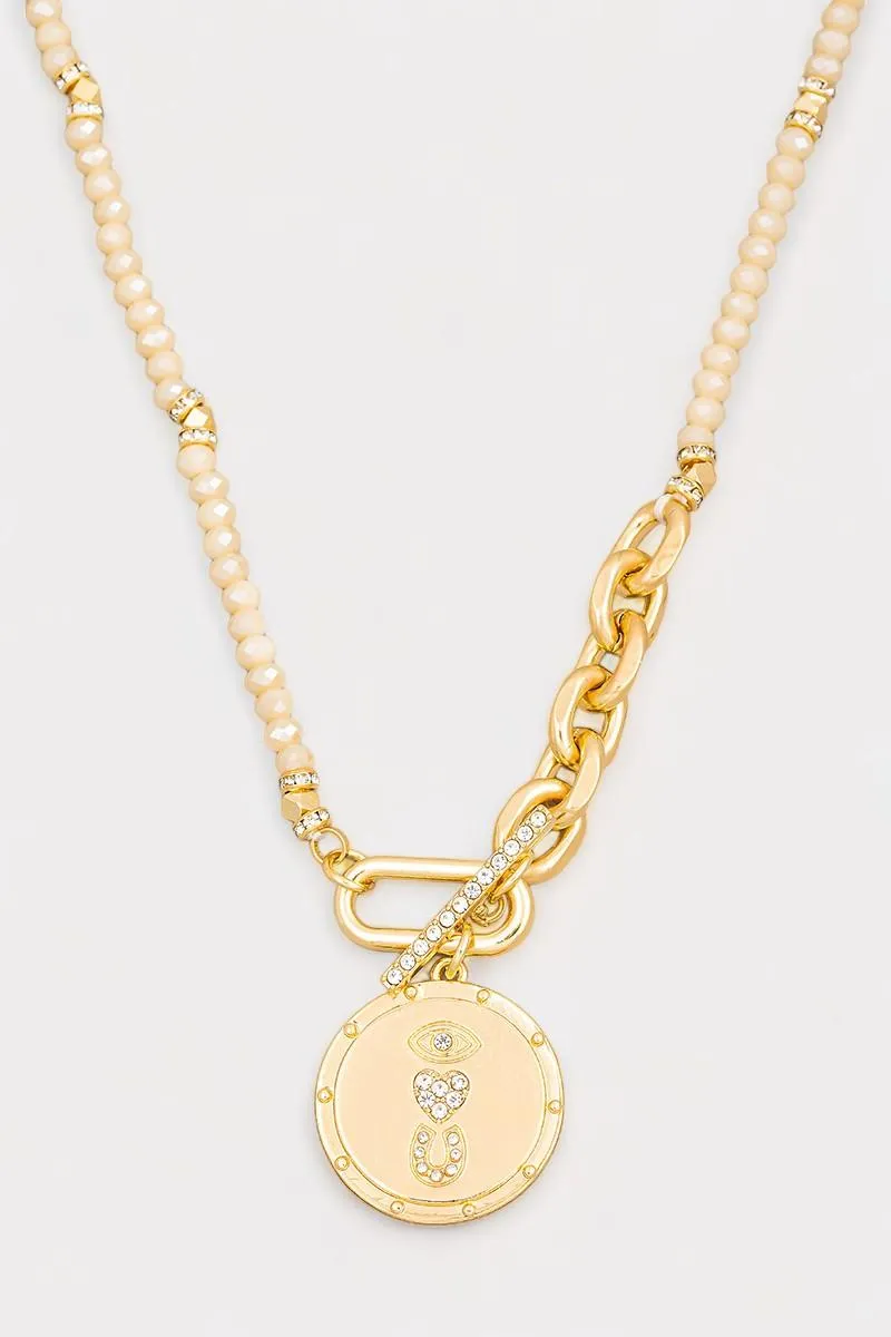 Beaded Chain Rhinestone Eye Love U Coin Necklace