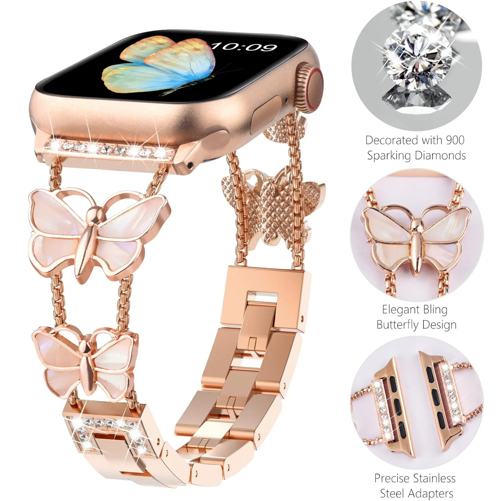 Beautiful Alloy Metal Bling Band for Apple Watch with Butterflies, Rose Gold