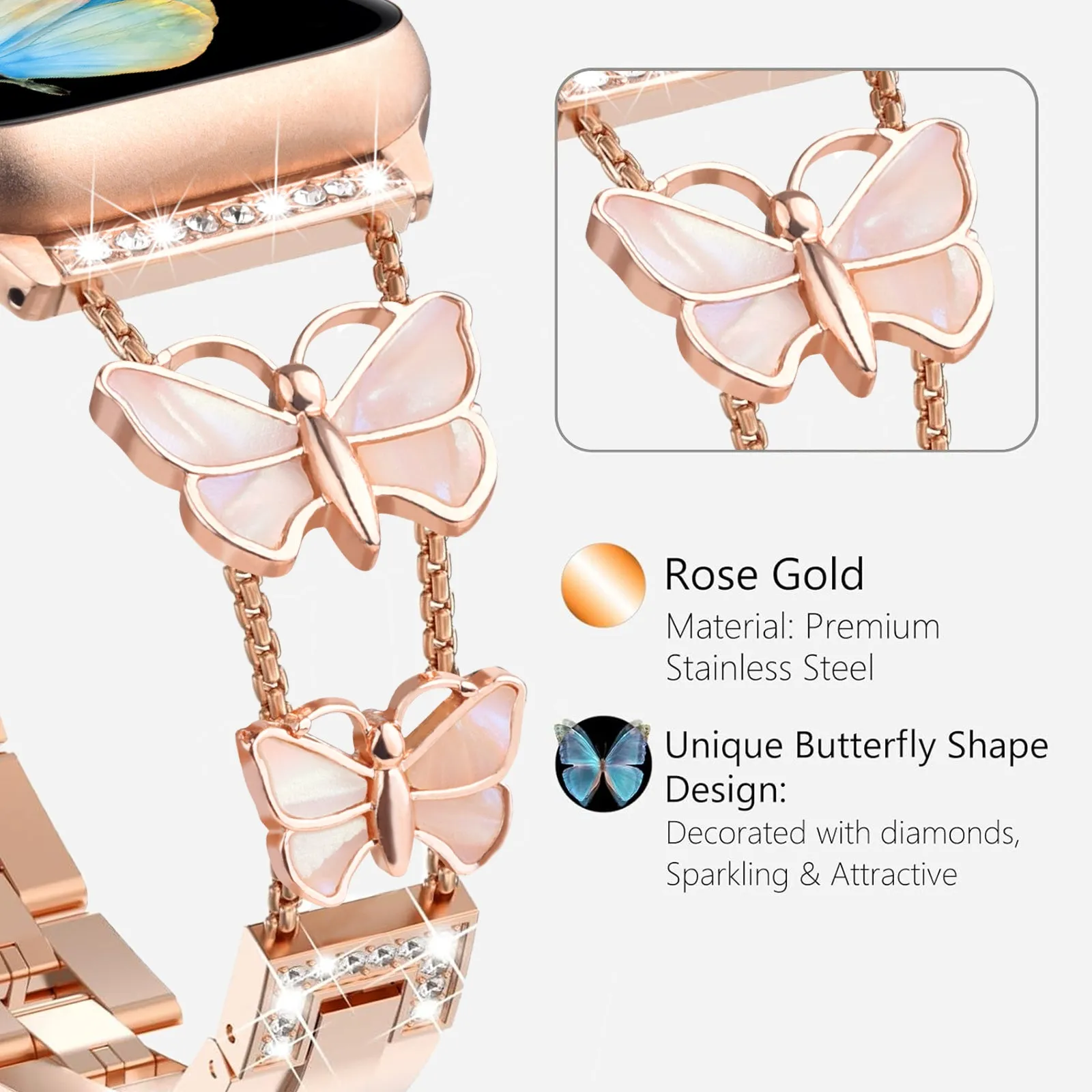 Beautiful Alloy Metal Bling Band for Apple Watch with Butterflies, Rose Gold