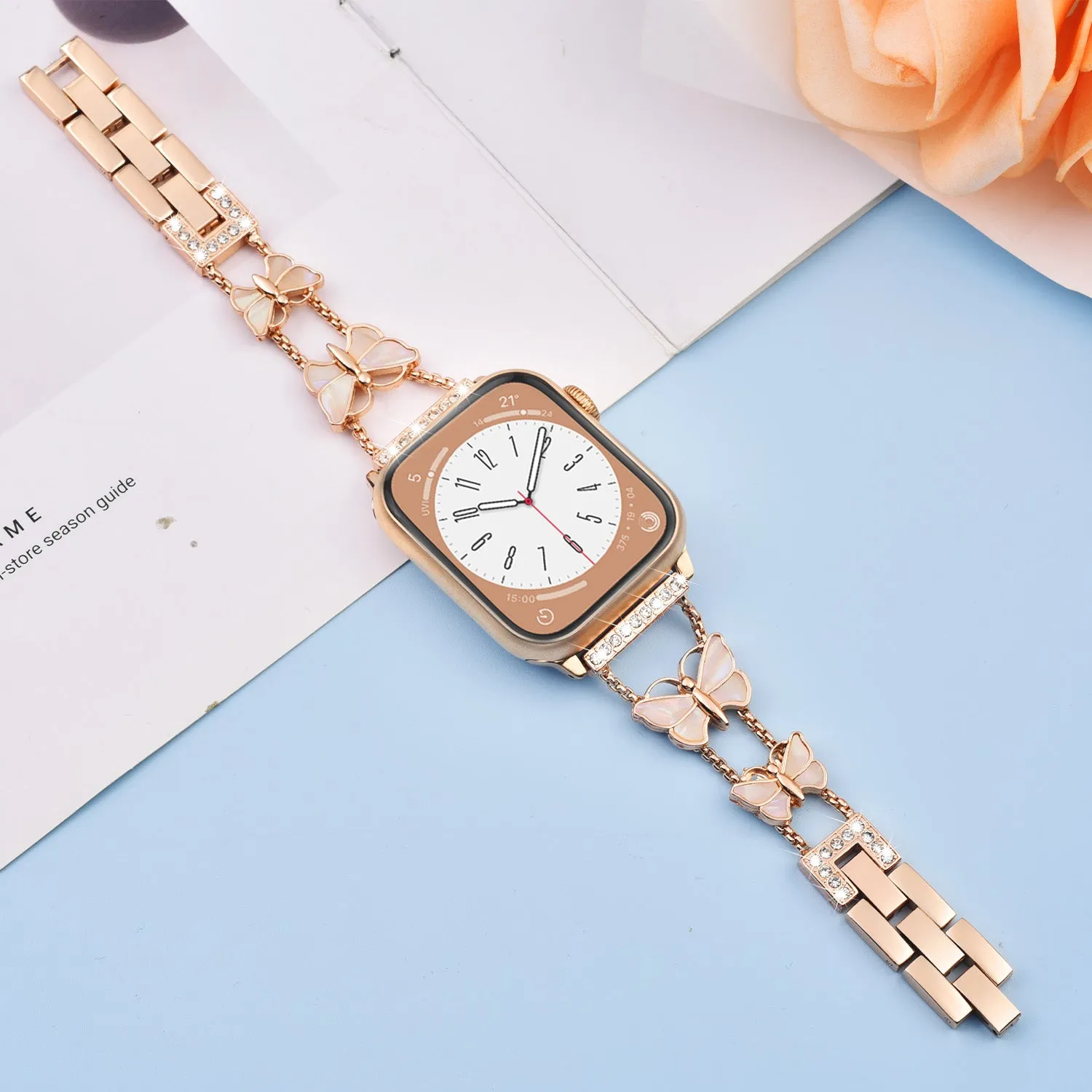 Beautiful Alloy Metal Bling Band for Apple Watch with Butterflies, Rose Gold