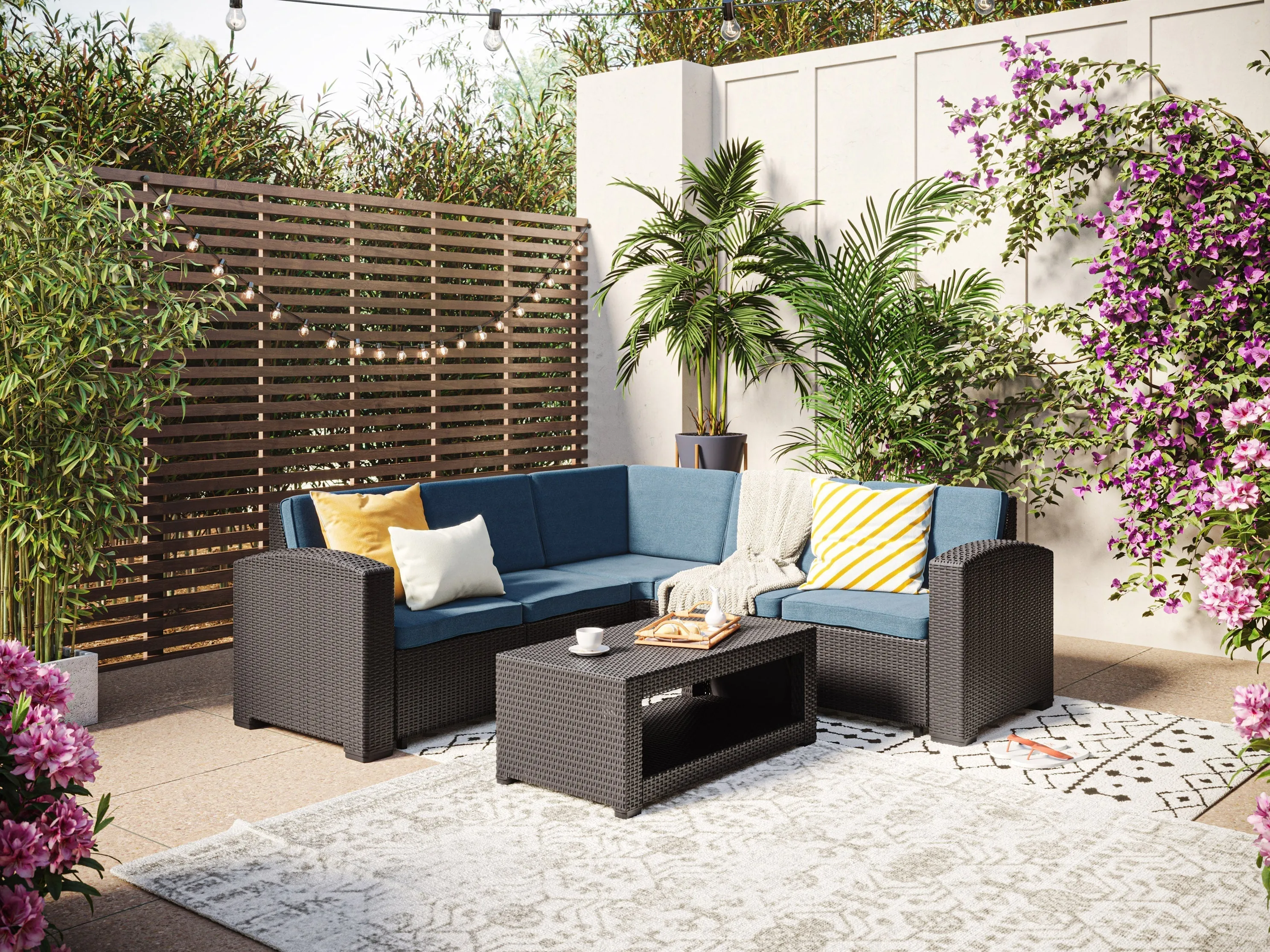 Black and Blue Outdoor Wicker Sectional Set, 6pc