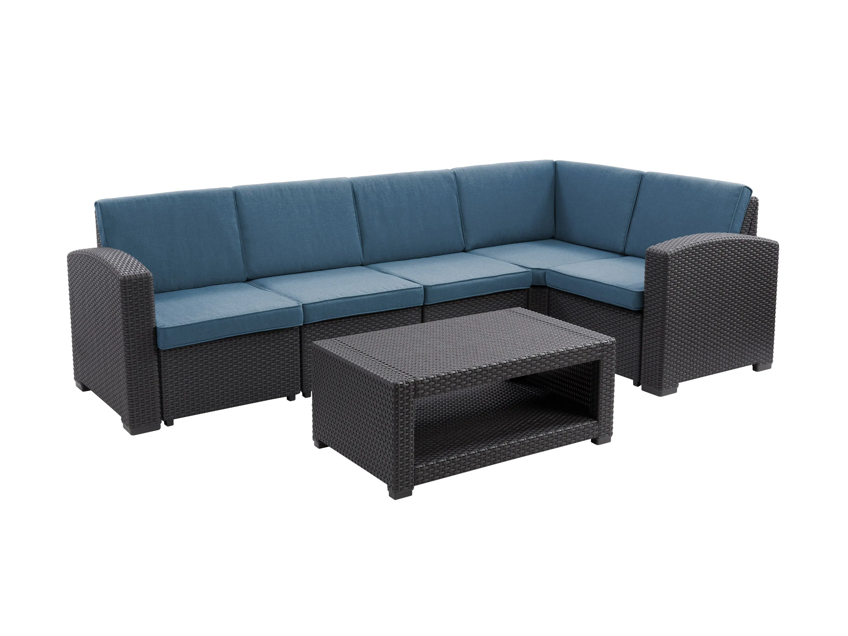 Black and Blue Outdoor Wicker Sectional Set, 6pc