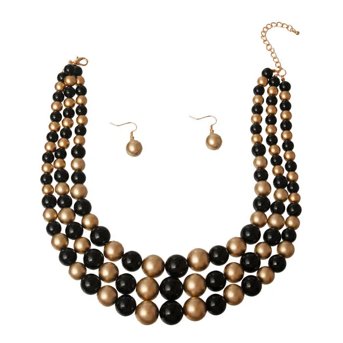 Black and Gold Pearl 3 Strand Necklace Set