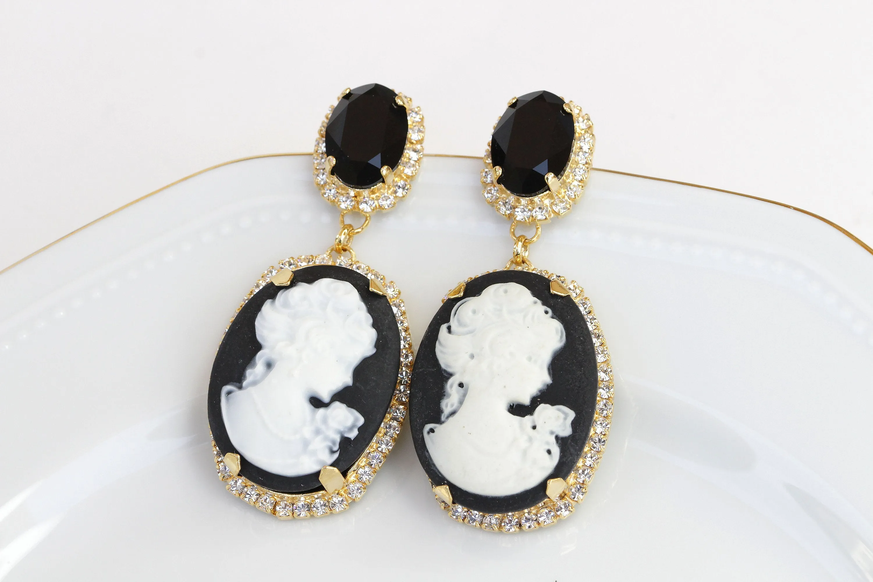 BLACK And White CAMEO EARRINGS