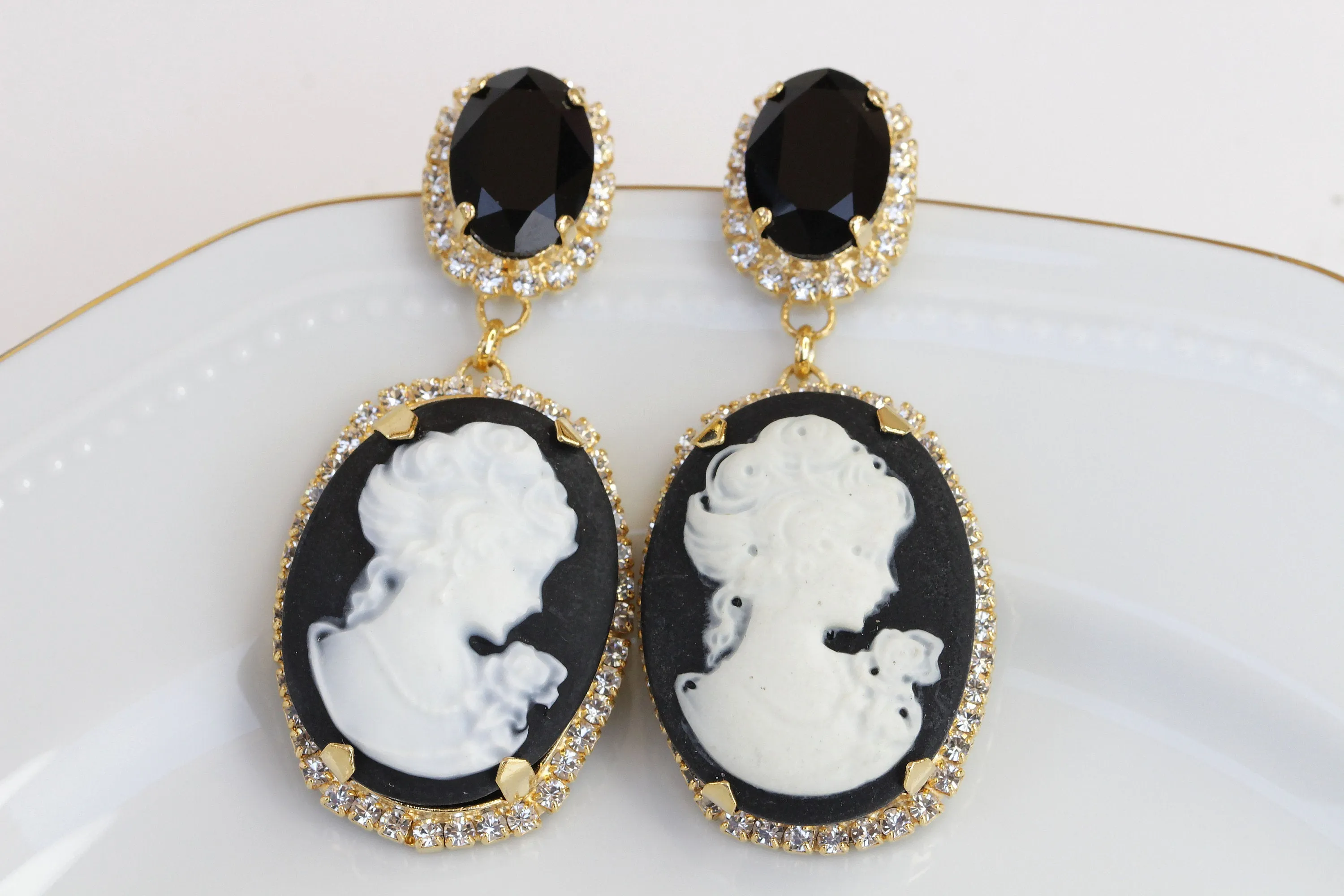 BLACK And White CAMEO EARRINGS