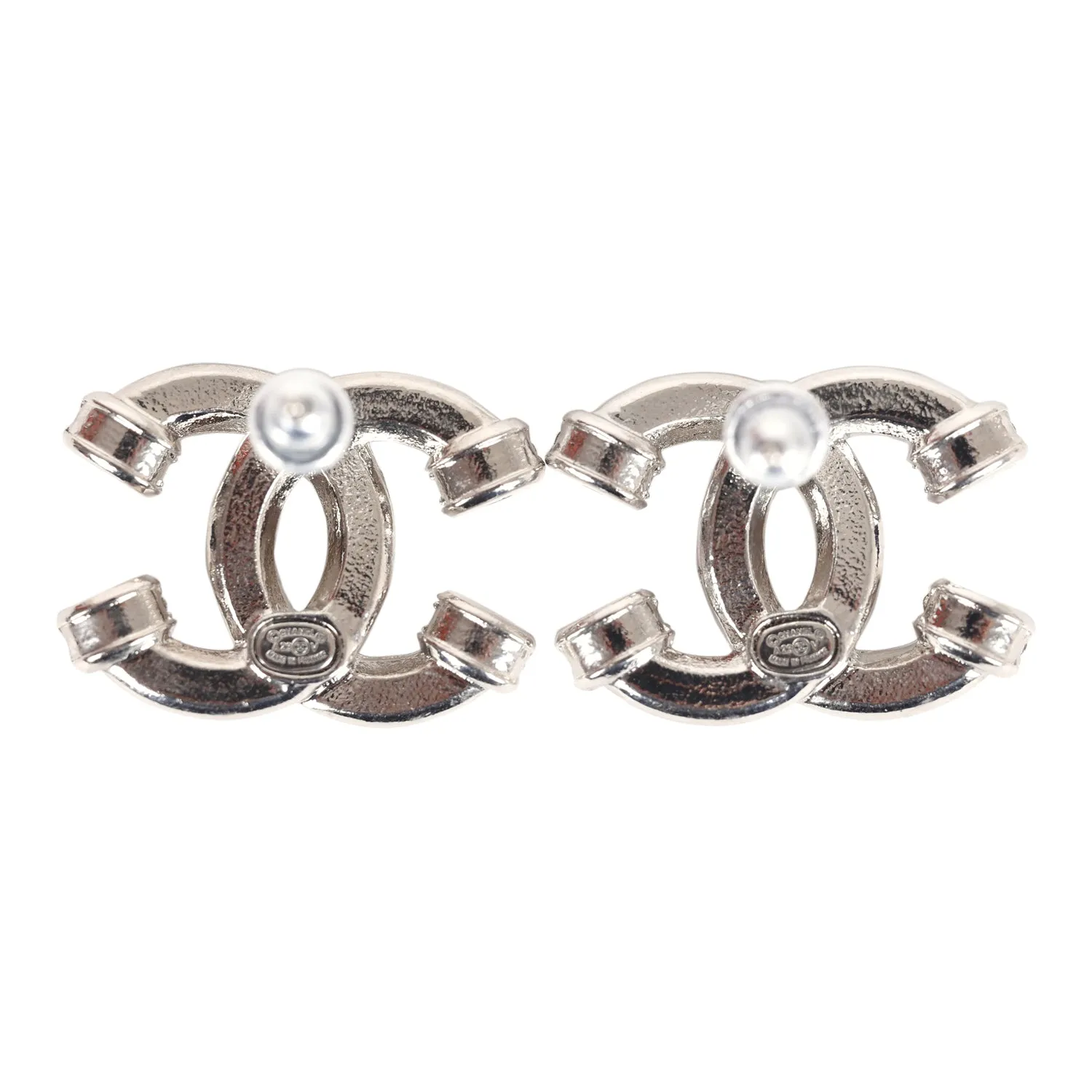 Chanel CC Crystal Stud Earrings Silver Hardware