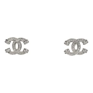 Chanel CC Crystal Stud Earrings Silver Hardware