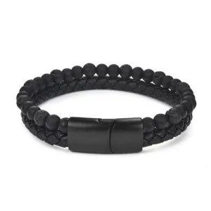 Classy Men Burnt Black Dual Beaded Leather Bracelet