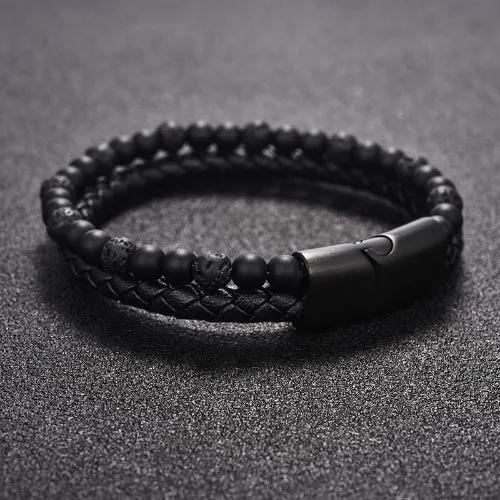 Classy Men Burnt Black Dual Beaded Leather Bracelet