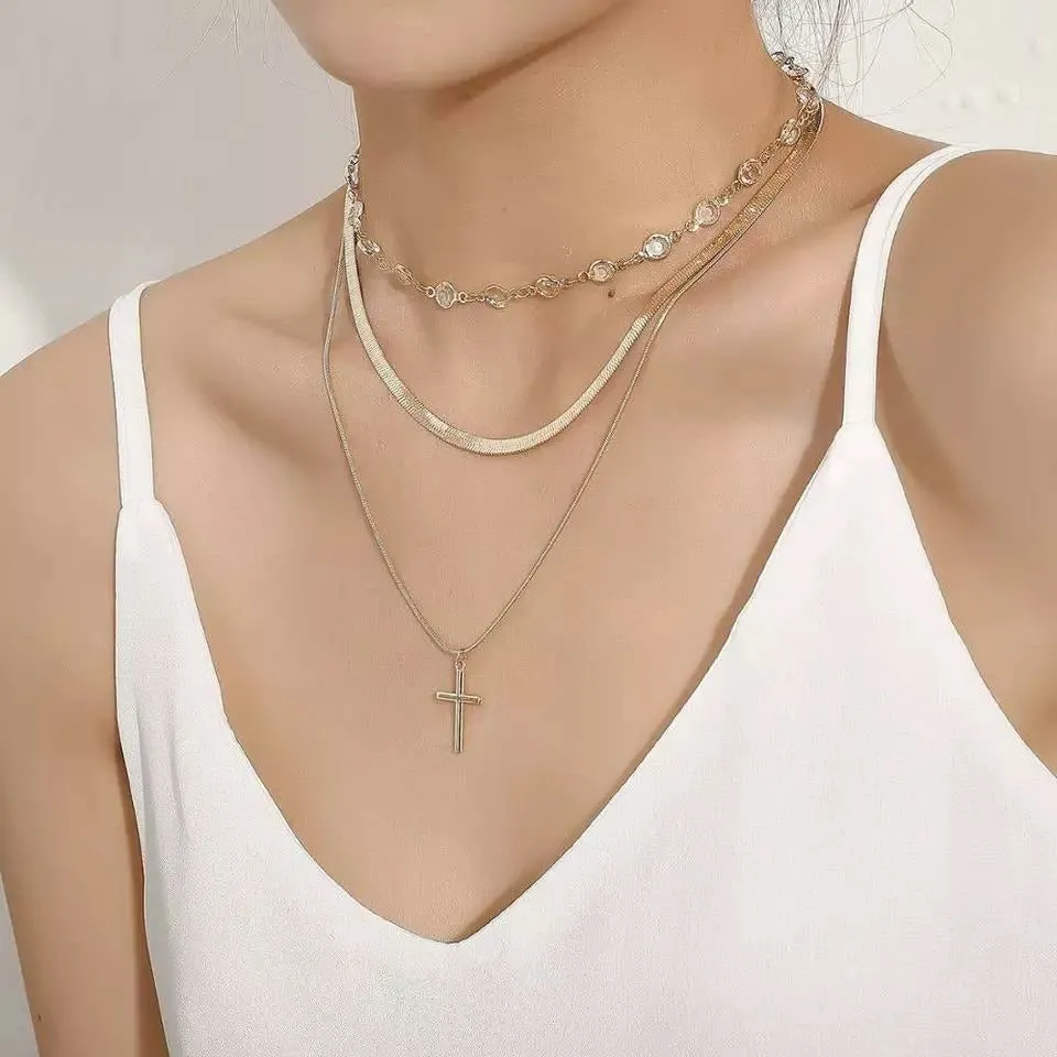 Crystal Choker w/ Cross Pendant Layered Gold Necklace