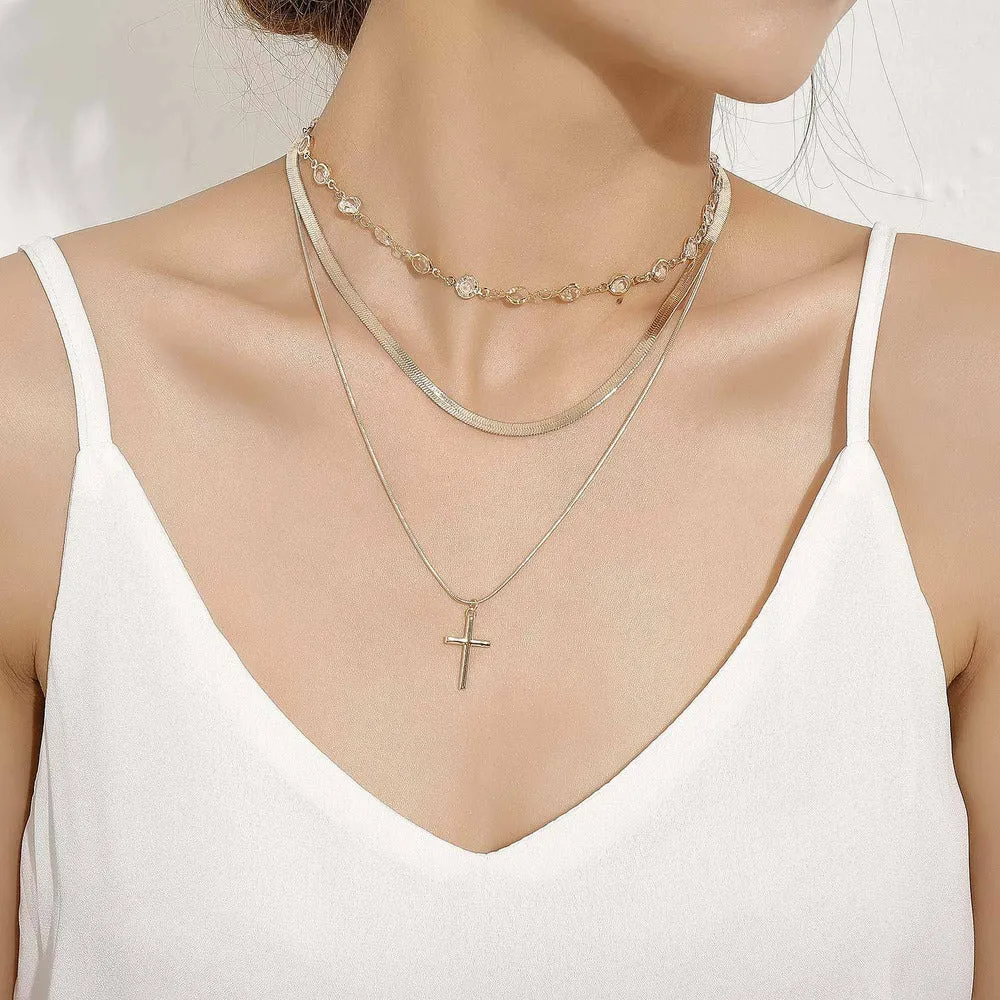 Crystal Choker w/ Cross Pendant Layered Gold Necklace