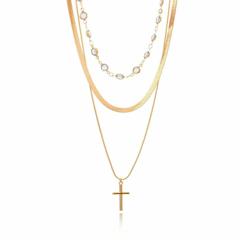 Crystal Choker w/ Cross Pendant Layered Gold Necklace