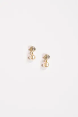 Crystal Topped Pearl Drop Earrings in Gold