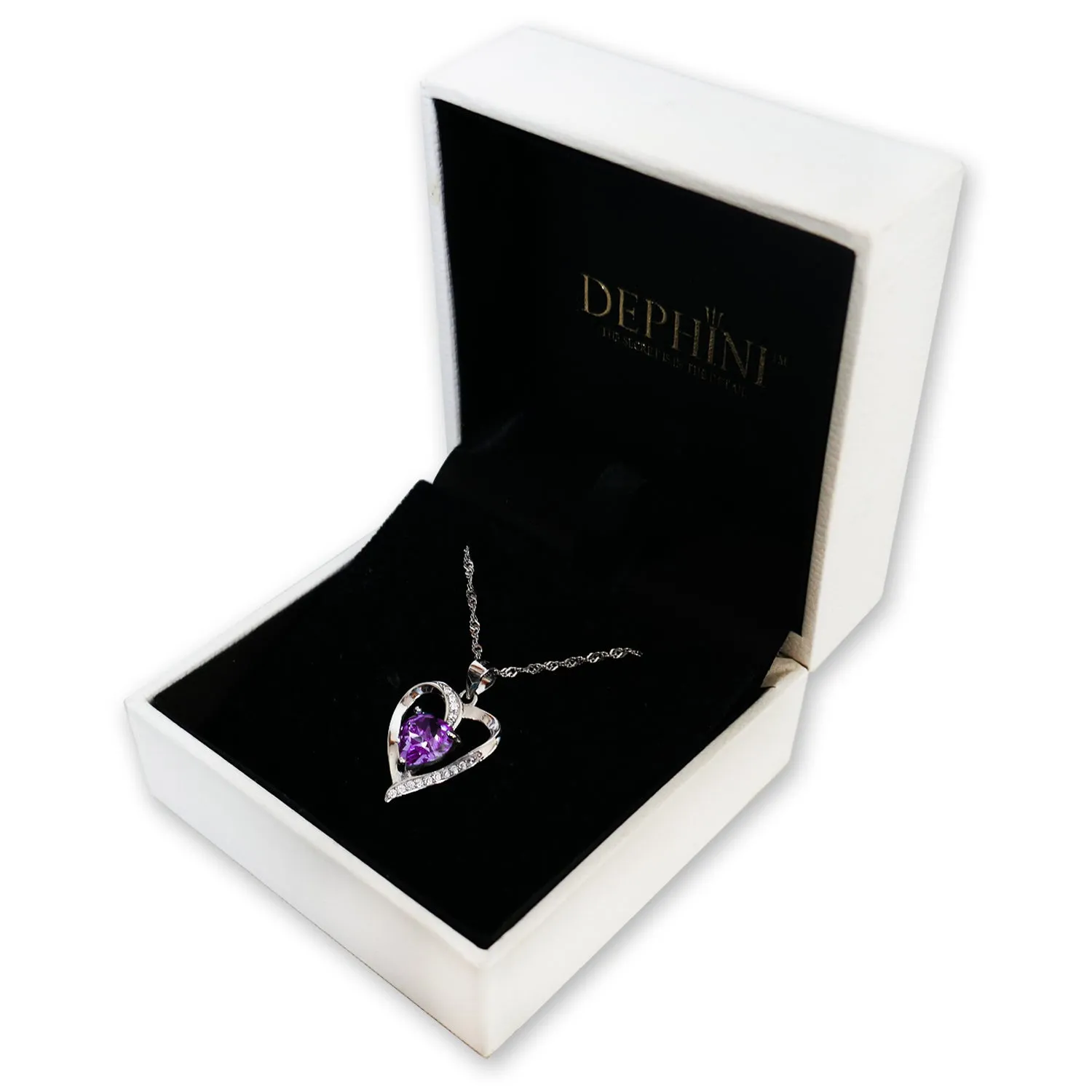 DEPHINI Purple Heart Necklace - 925 Sterling Silver CZ Crystal Pendant