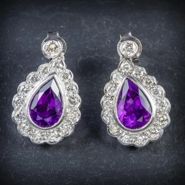 Diamond Amethyst Earrings 18Ct White Gold