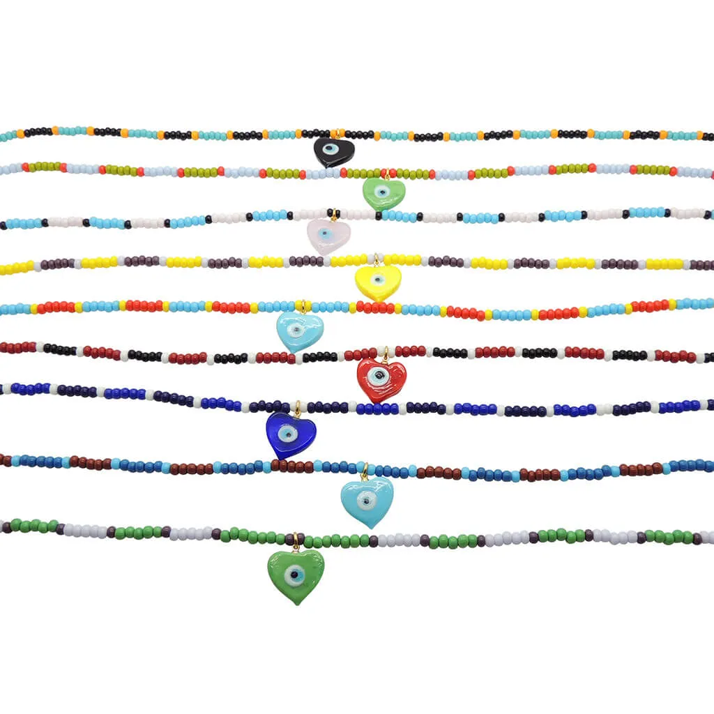 Evil Eye Heart Charm Glass Bead Trio Necklace