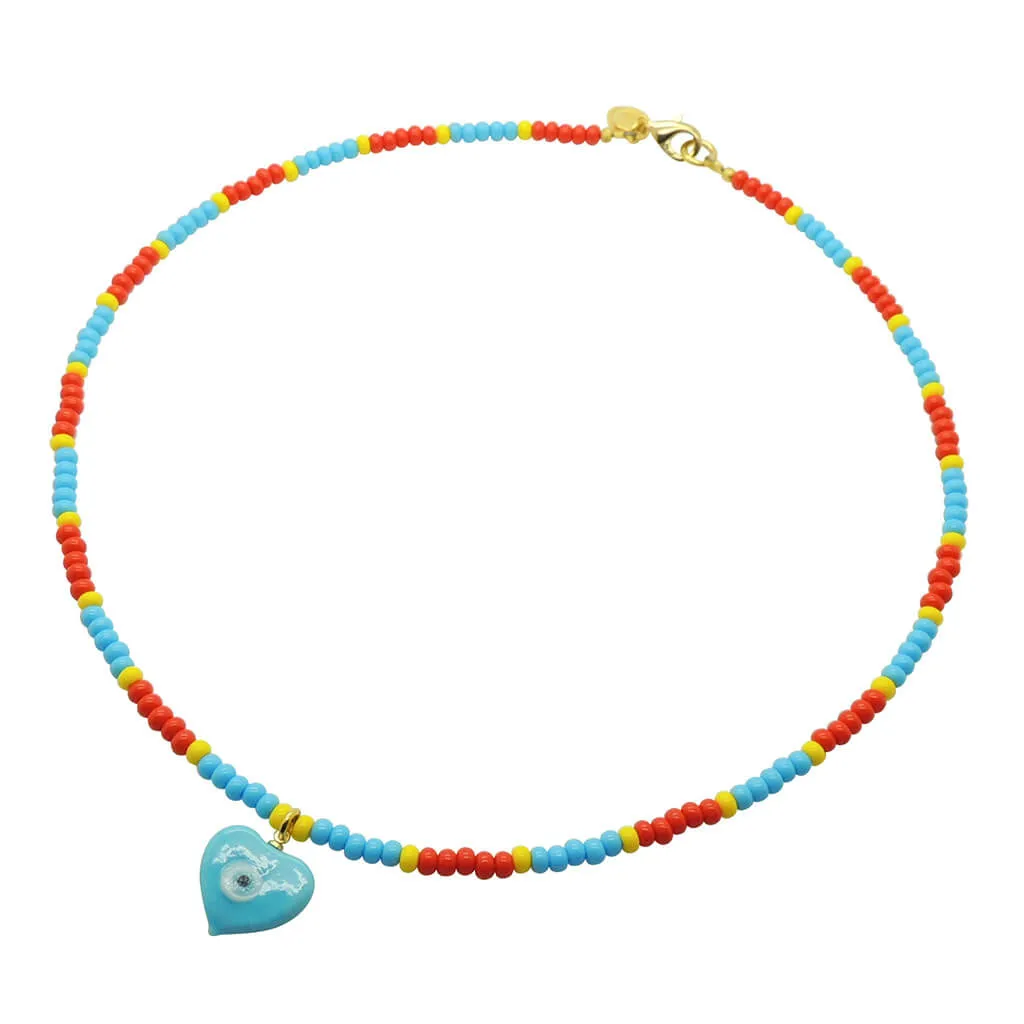 Evil Eye Heart Charm Glass Bead Trio Necklace