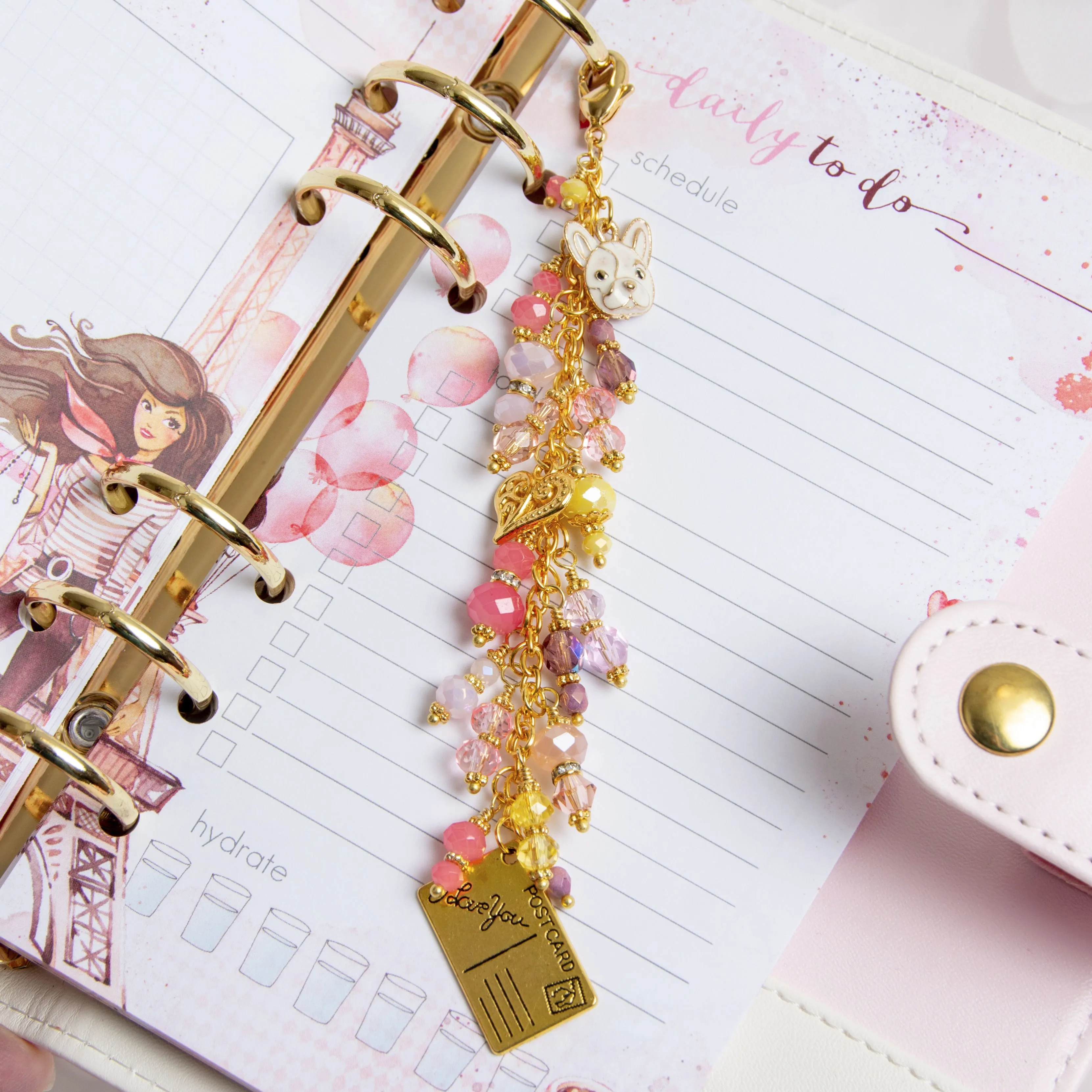 French Bulldog Planner Charm with Filigree Heart & Postcard Charms and Pink, Plum and Yellow Crystals