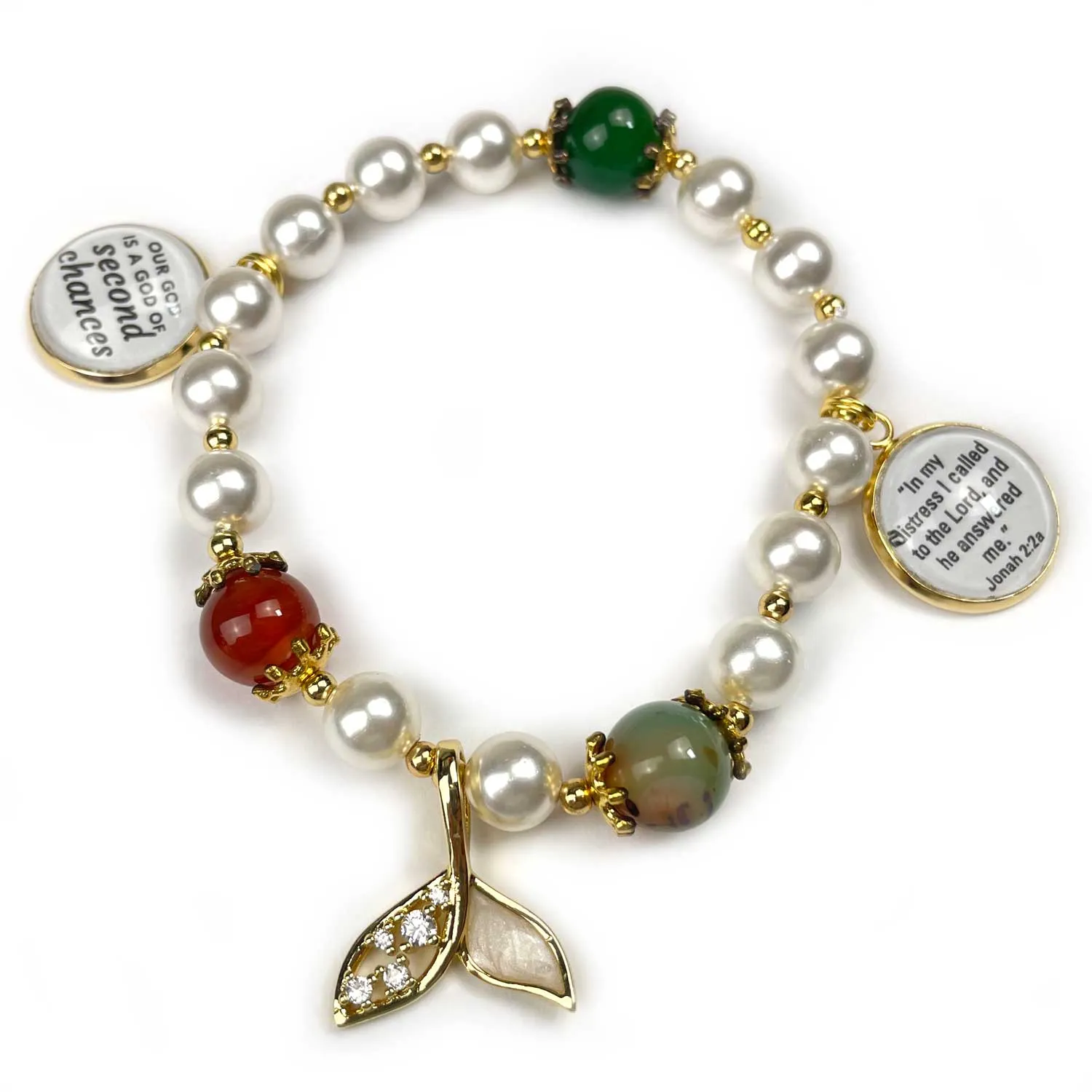 God of Second Chances - Jonah & the Whale Pearl Scripture Charm Beaded Bracelet - Whale Tail, Agate, 18K Gold Plated